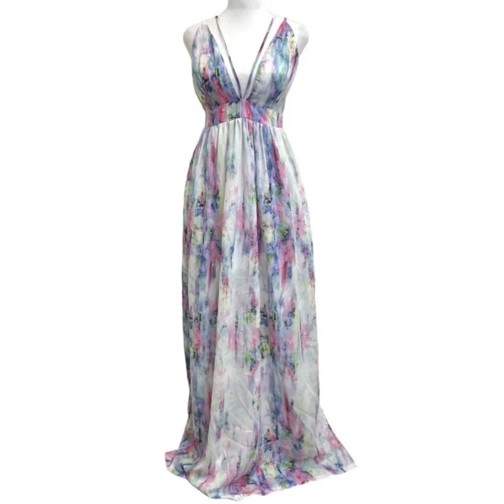 L’Atiste White Watercolor Goddess Strappy Back Maxi Fairy Garden Dress